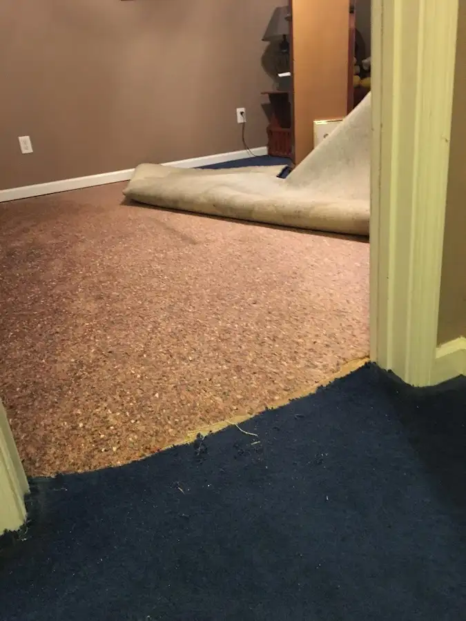 Carpet pad removal revealing water damage during Water Mitigation Services in Kapaa